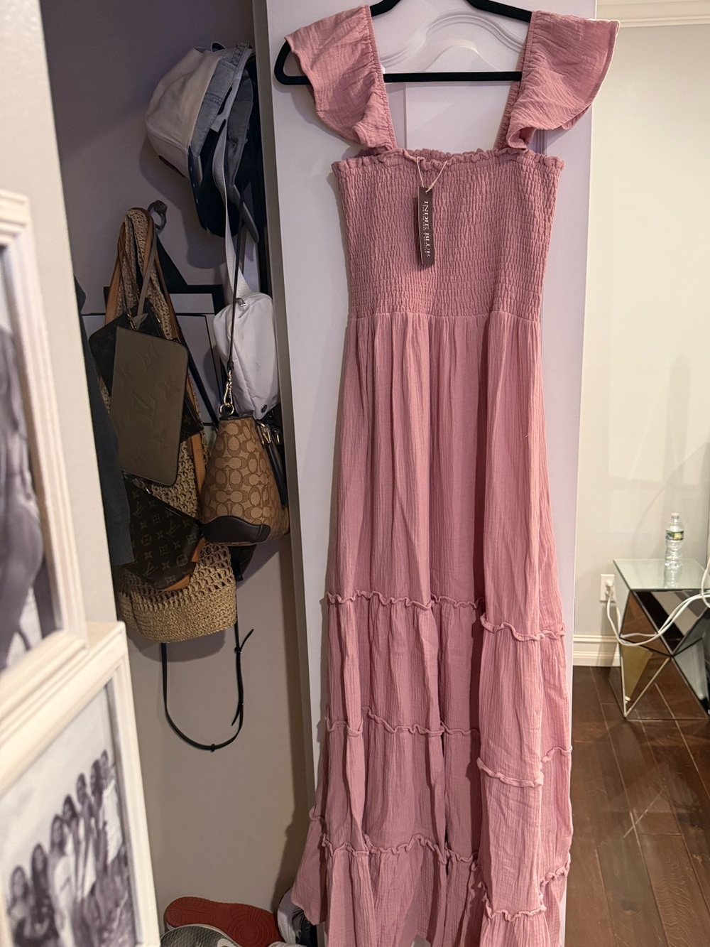 Ruffle-Shoulder Smocked Maxi Dress in Dusty Rose